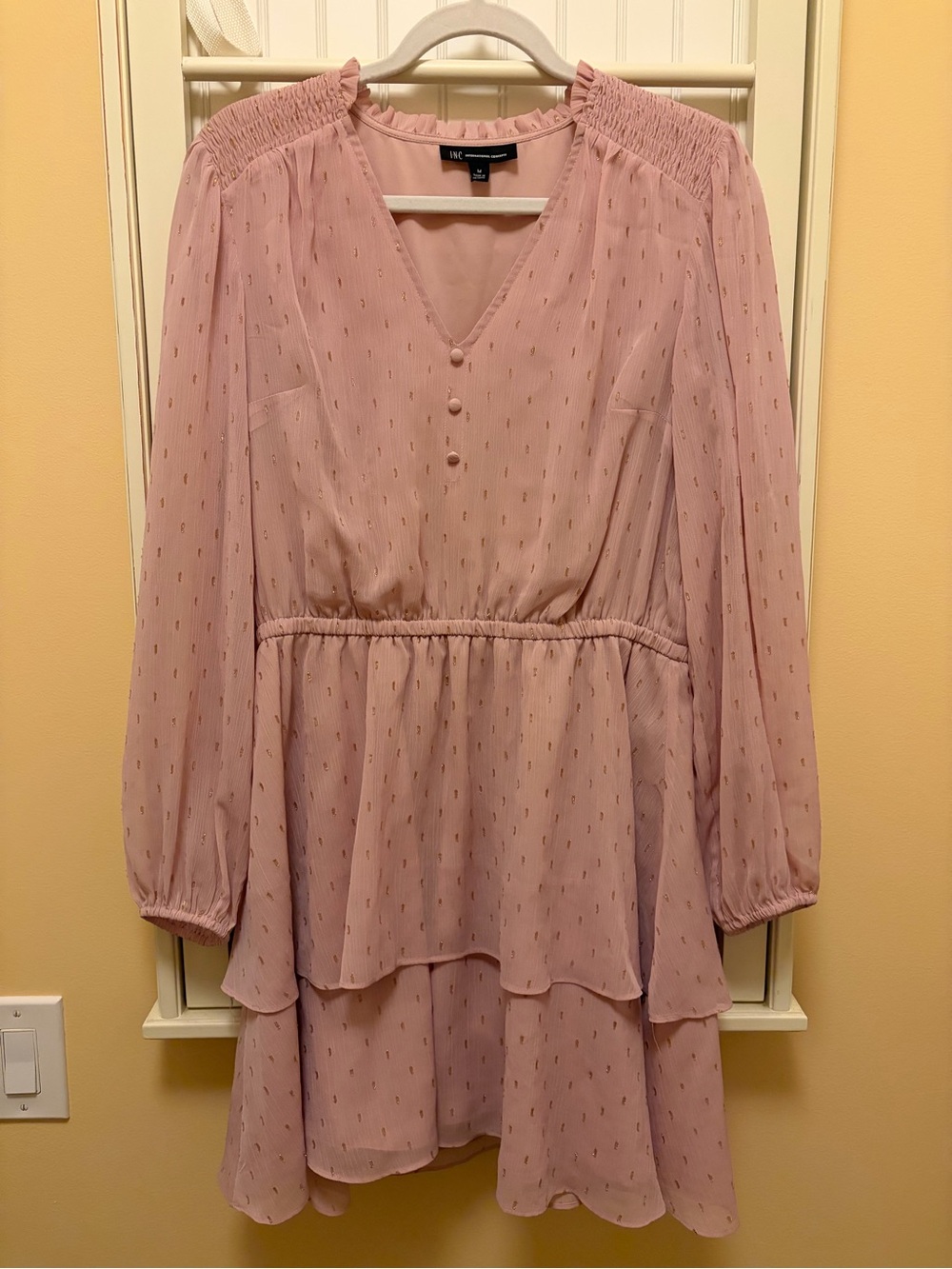 INC International Concepts Blush Pink Long Sleeve Tiered V-Neck Dress